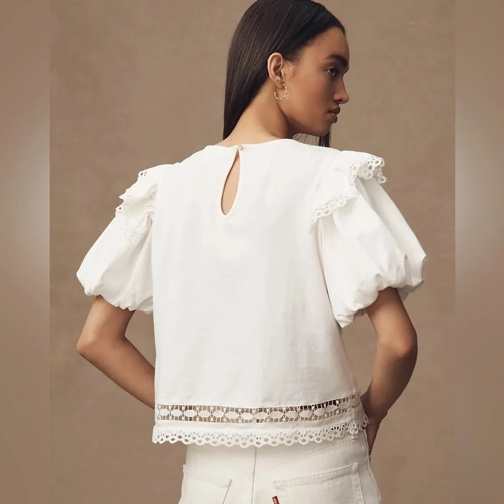 Puff-Sleeve Cutwork Embroidery Top